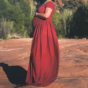 Short sleeve off the shoulder maternity gown, dark maroon, size L